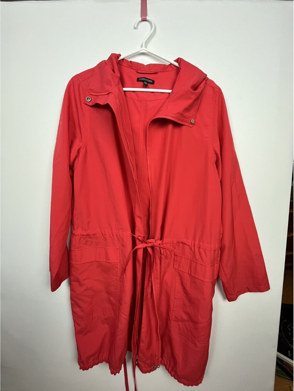 Eileen Fisher Hooded Anorak Rain Jacket Red Drawstring Waist Lightweight M